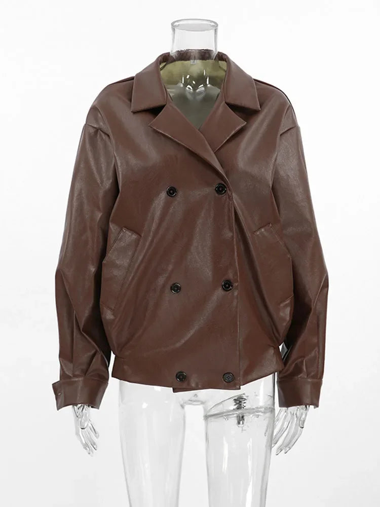Aiertu  -  Retro Suit Collar Loose Leather Jackets Women's 2026 Autumn Winter Fashion Solid Double Breasted Female High Street Coat Aiertu