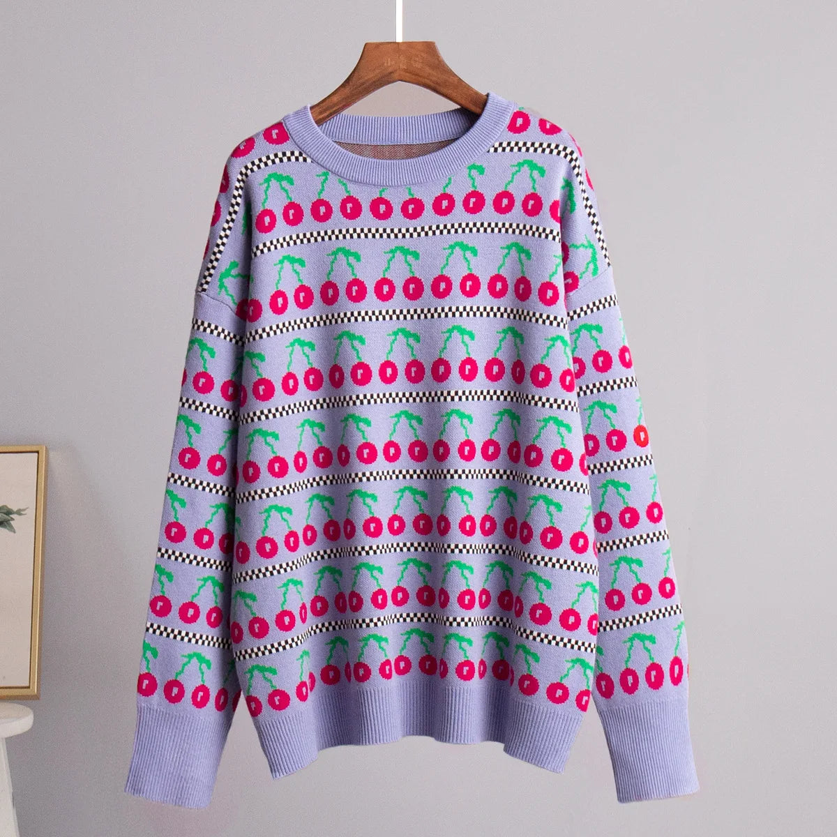 Aiertu  -  Women's Round Neck Cherry Printed Sweater Autumn Winter New Mid Length Fashion Top Retro Knitted Sweater Pullover Aiertu