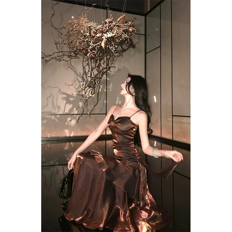 Aiertu  Vintage Long Dress Women Party Prom Sexy Spaghetti Strap Maxi Dresses Elegant Ruffles Robe Summer Korean Bodycon Vestidos Aiertu