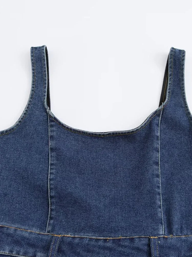 Aiertu  -  Women Fashion Denim Blue Side Zipper Backless Midi Dress Vintage Straps Square Collar Female Chic Lady Dresses Aiertu
