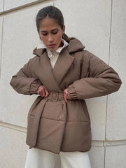 Aiertu  -  Fall Winter Thickened Lapel Cotton Jackets Coat For Women Solid Color Lace Up Waist-Cinching Casual Cotton-Padded Jacket Aiertu