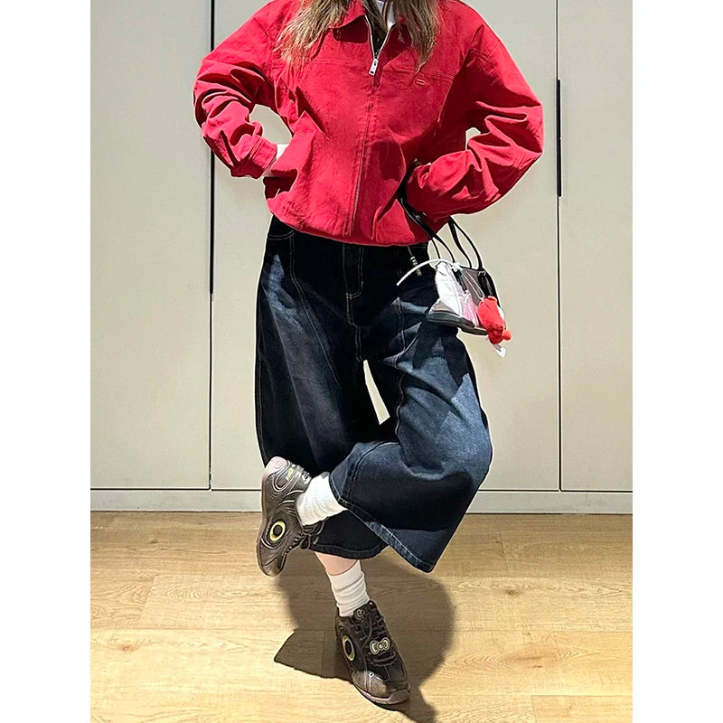 Aiertu  -  Blue Women's Retro Y2K 2000s Wide Leg Baggy Casual Denim Trouser High Waist Shorts Jeans 2025 Summer Harajuku Calf-Length Pants Aiertu