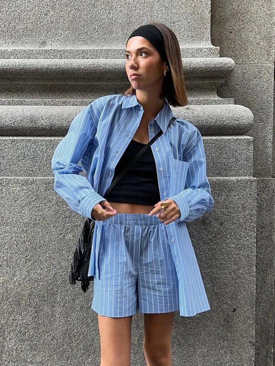 Aiertu  -  Blue Pocket Striped Shorts Sets Women Single Breasted Long Sleeve Blouse+Elastic Waist Casual Short Pant 2 Piece Set 2025 Spring Aiertu