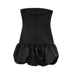 Aiertu  -  Fashion Satin Black Ruffled Hem Diamond Strapless Mini Dress For Women Summer Sleeveless Back Zipper  Party Club Evening Vestido Aiertu