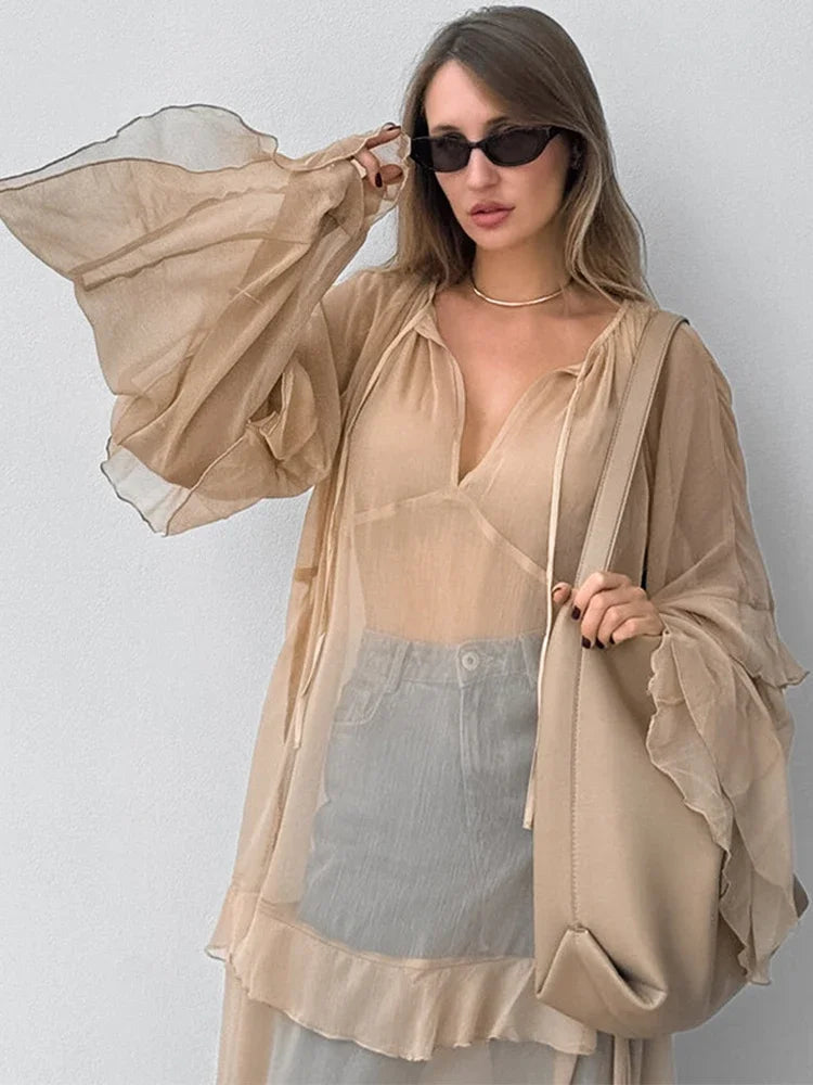 Aiertu  -  Fashion Oversized Cover Up Dress Women 2025 V Neck Loose Streetwear Casual Long Sleeve Maxi Dress Femme Ruffle Dresses Aiertu