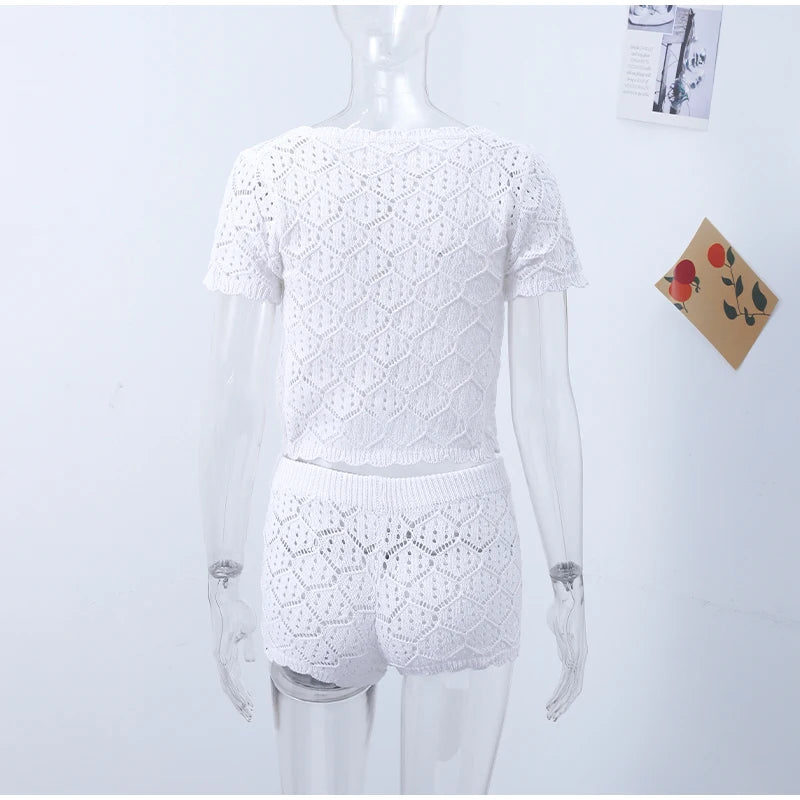 Aiertu  -  Sexy Knit Beach Outfits Women Slim O Neck Short Sleeves Hollow Out Top Sets Female 2026 Spring Summer New Holiday Set 2 Pieces Aiertu