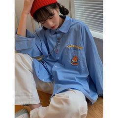 Aiertu Harajuku Cartoon Shirts Women Streetwear White Embroidery Oversized Blouses Vintage Japanese Long Sleeve Casual Tops New Aiertu