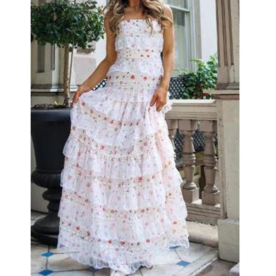 Aiertu    -  Luxury Women Slip Dress Sleeveless Floral Dress Lace Tierred Patchwork Layered Summer Long Dress for Cocktail Party Aiertu