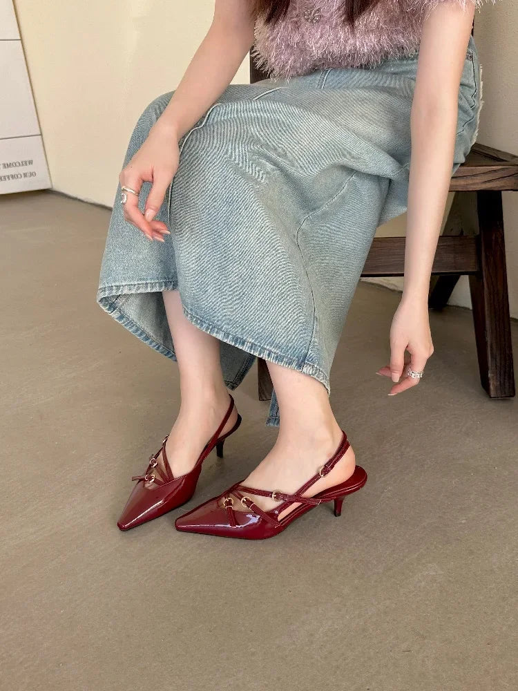 Aiertu  -  Sexy Slingbacks Narrow Band Buckle Strap Pumps Women Pointed Toe Thin Heels Wedding Party Mule Shoes Aiertu