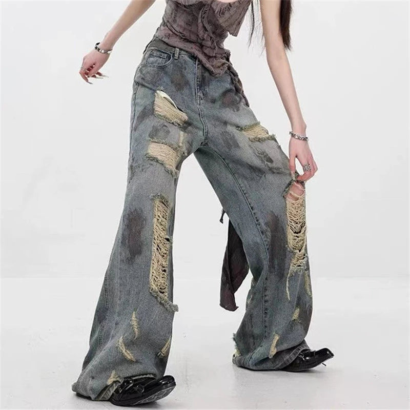 Aiertu  -  Women's Wear Through Dirty Blue Distressed Jeans Summer Girl Wide-leg Denim Trousers Vintage Bottoms Female High Waisted Pants Aiertu