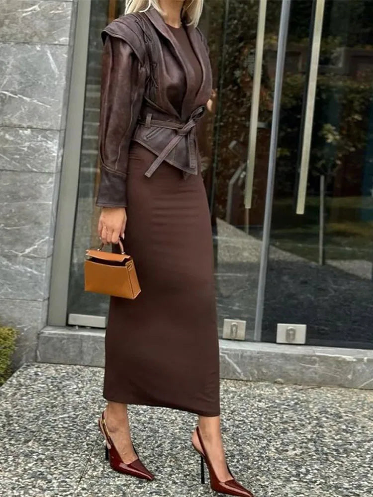 Aiertu  -  Fashion Leather Woman Short Jacket With Belt Turn Down Collar Long Sleeve Motorcycle Coat Ladies Winter Warm Street Outerwear Aiertu
