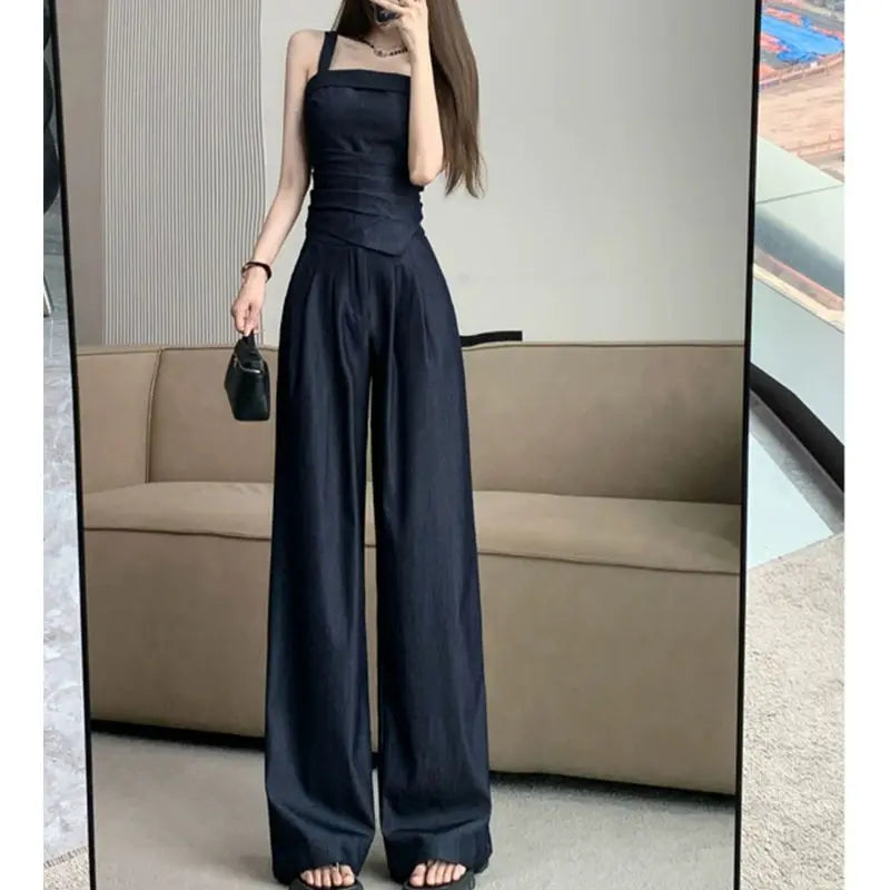 Aiertu  -  Sweet Hot Girl Pure Sexy Suit Women's Summer Denim Camisole Vest High Waist Wide Leg Pants Two-piece Set Fashion Female Clothes Aiertu