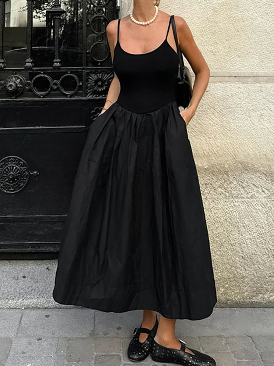 Aiertu  -  Black Elegant Suspender Long Dress Women Summer U Collar Sleeveless A-line Vestidos Vintage Fashion Simple Backless Midi Dresses Aiertu