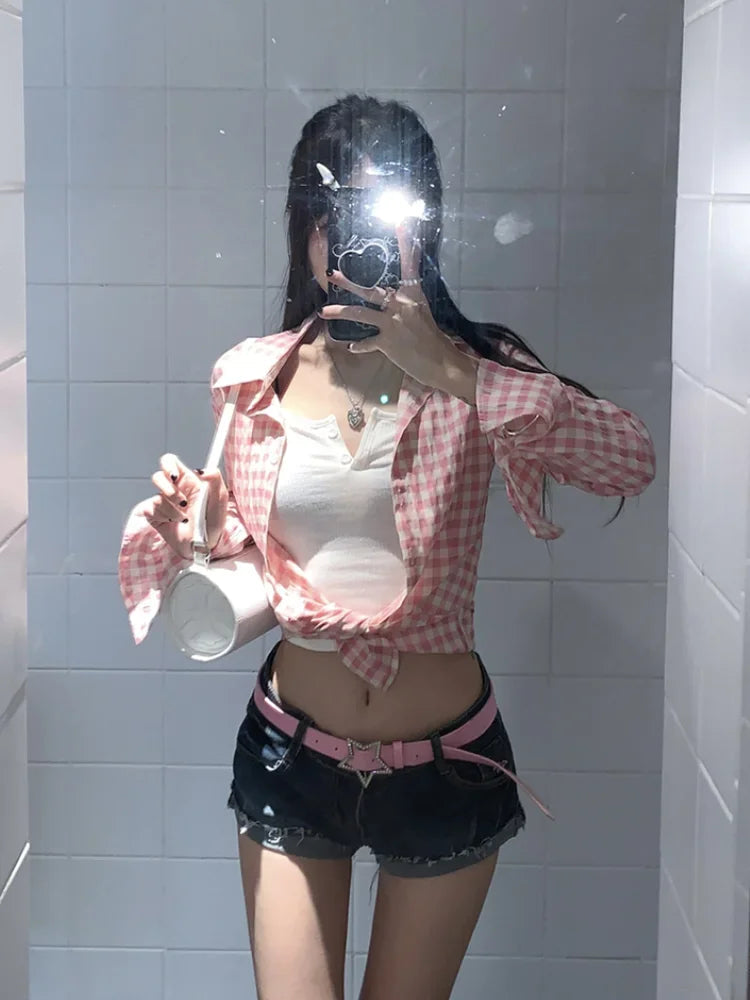 Aiertu  -  Y2k Pink Plaid Women Shirts Check Graphic Long Sleeve Blouses Female Spring Autumn Sexy Slim Button Up Cardigan Chic Ins Aiertu