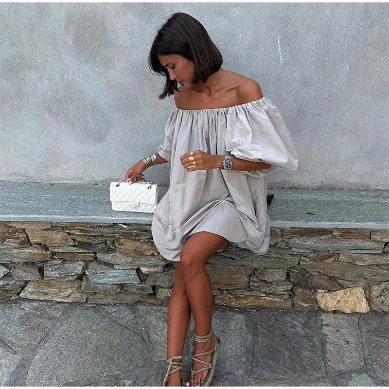 Aiertu  -  Sexy One Neck off Shoulder Bubble Sleeve Dress, European and American Fashion Short Skirt, Women's Cross-border Aiertu