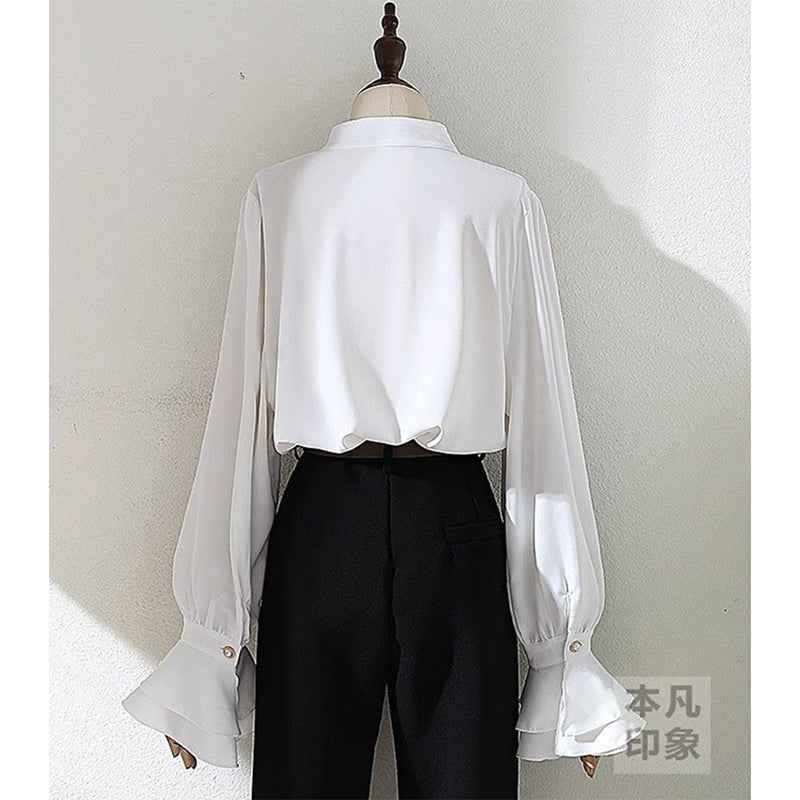 Aiertu Vintage White Shirts Women Elegant Ruffles Flare Long Sleeve Blouses Office Ladies Korean Single Breasted Design Chic Tops Aiertu