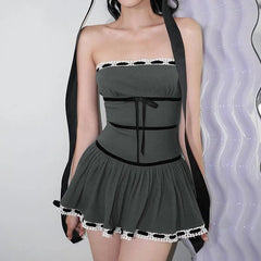 Aiertu - Off Shoulder Ribbon Trim Lace Up Slim Mini Dress Aiertu