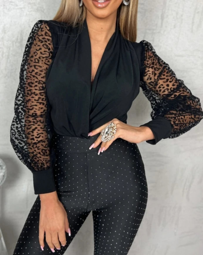 Aiertu Women's Fashion Sexy V Neck Leopard Sheer Mesh Patch Long Sleeve Bodysuit Temperament Commuting Female Casul Sim Fit Shirt Top Aiertu