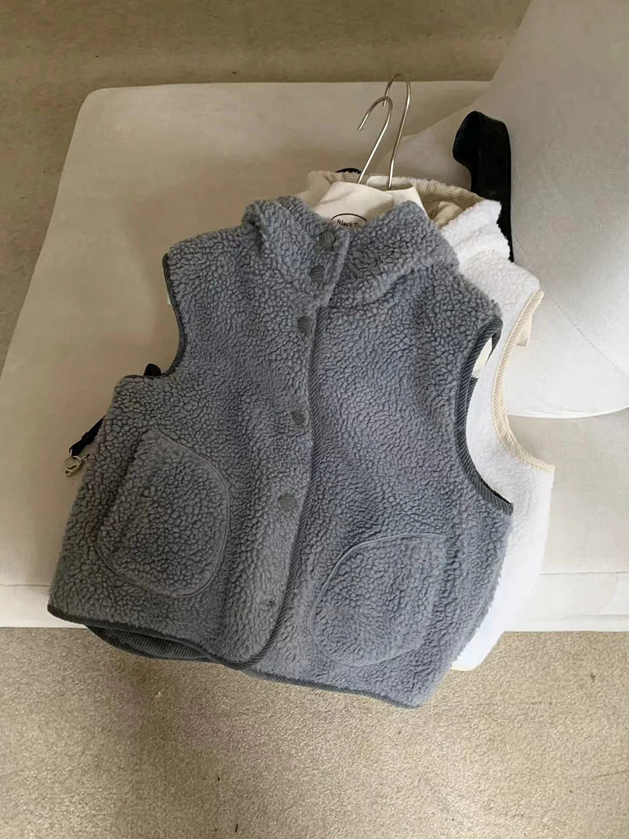 Aiertu  -  Winter New Solid Lambswool Hooded Vest Women Single Breasted Sleeveless Jacket Korean Fashion Casual Pocket Waistcoat Outerwear Aiertu