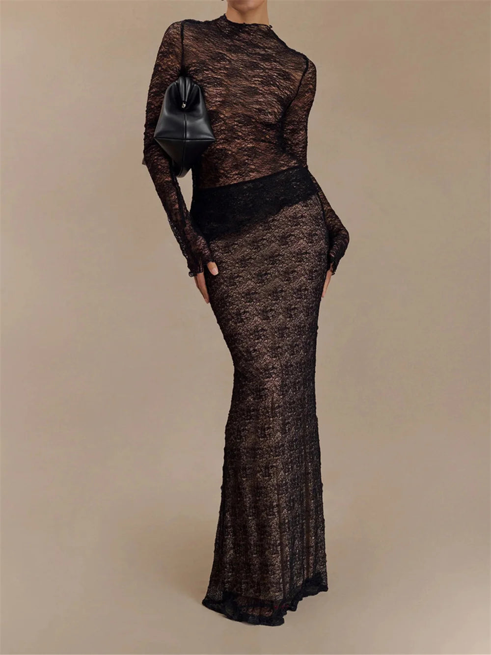 Aiertu  -  Sexy Lace See Through Long Skirt 2 Piece Set Women Solid Half High Collar Long Sleeve Slim Top and Floor Length Skirt Outfit Aiertu