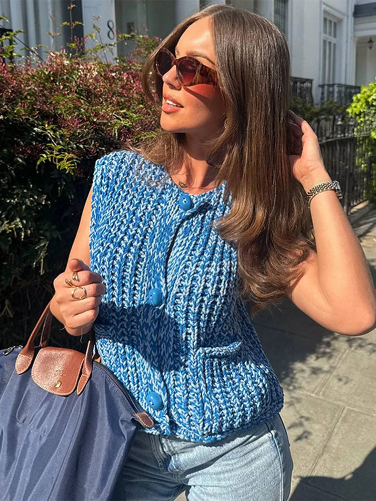 Aiertu  -  Elegant Spiral Knitting Vest For Women 2025 Chic O-neck Single Breasted Sweater Tank Spring Summer Vacation Party Lady Chic Tops Aiertu