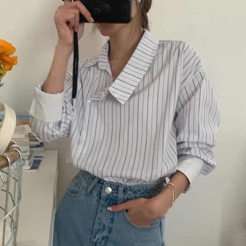Aiertu  -  Blusas De Mujer Retro Irregular Neck Contrasting Striped Shirts Blouse Spring New Tops Roupas Femininas Chic Loose Shirt Aiertu