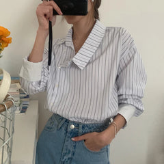 Aiertu  -  Blusas De Mujer Retro Irregular Neck Contrasting Striped Shirts Blouse Spring New Tops Roupas Femininas Chic Loose Shirt Aiertu