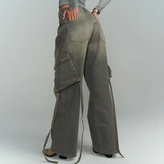 Aiertu  -  Fashion Casual Pockets Cargo Denim Jeans Streetwear Solid Straight Denim Pants Vintage Button Baggy Trousers All-match Bottom Aiertu