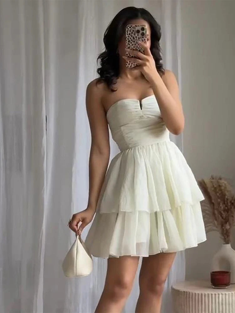 Aiertu  -  Women Strapless Dress Spring Pleated Tierred Women's Dress Sexy Backless Dress Female Chic Midi Dress Casual Beach Lady Vestido Aiertu