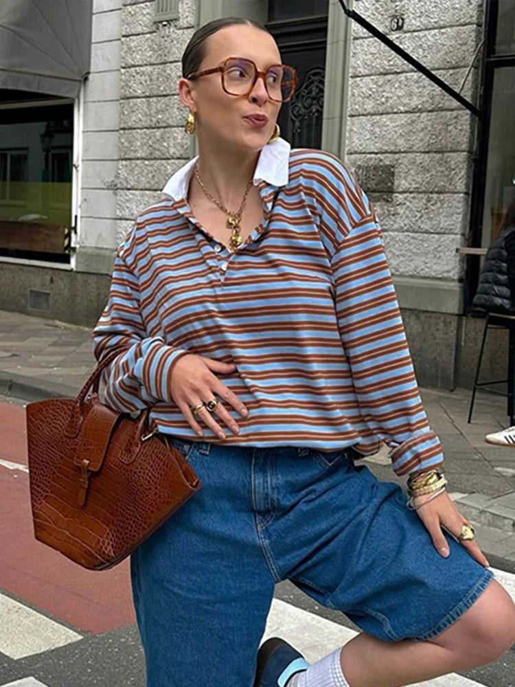 Aiertu  -  Striped Vintage Long Sleeve T-shirt Women Autumn New Turndown Collar Button T-shirts 2026 Streetwear Fashion Pullover Tops Tees Aiertu