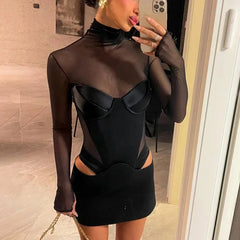 Aiertu  -  Sexy Women Mesh Turtleneck Mini Dress Fashion Patchwork Long Sleeve Satin Cut Out Dress Bodycon Short Club Party Dresses Aiertu