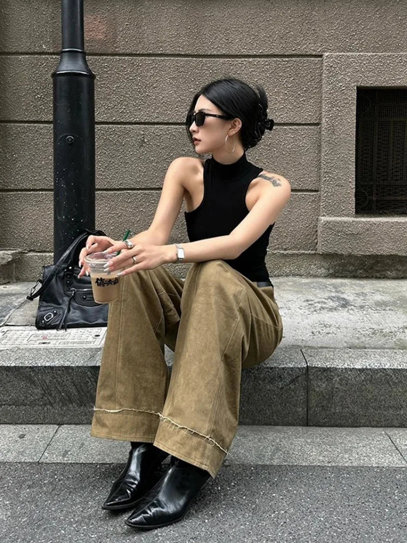 Aiertu  -  American Fashion Simple Khaki Casual Pants Women Y2K High Street Retro Loose Harajuku Street High Waist Straight Trousers Aiertu