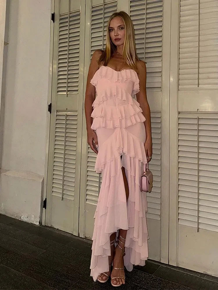 Aiertu  -  High Split Fork Ruffle Layered Bodycon Dress Sexy Off Shoulder Sleeveless Strapless Pink Dresses Chic Party Evening Gowns Women Aiertu
