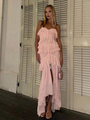 Aiertu  -  High Split Fork Ruffle Layered Bodycon Dress Sexy Off Shoulder Sleeveless Strapless Pink Dresses Chic Party Evening Gowns Women Aiertu