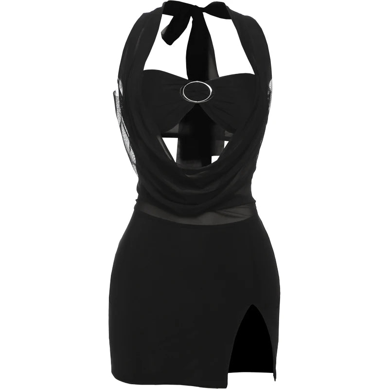 Aiertu  -  Sexy Frenulum Women Dress Mesh Halter Patchwork Wrap Chest Buckle Hollow Backless Sleeveless Swing Collar Mini Bodycon Aiertu