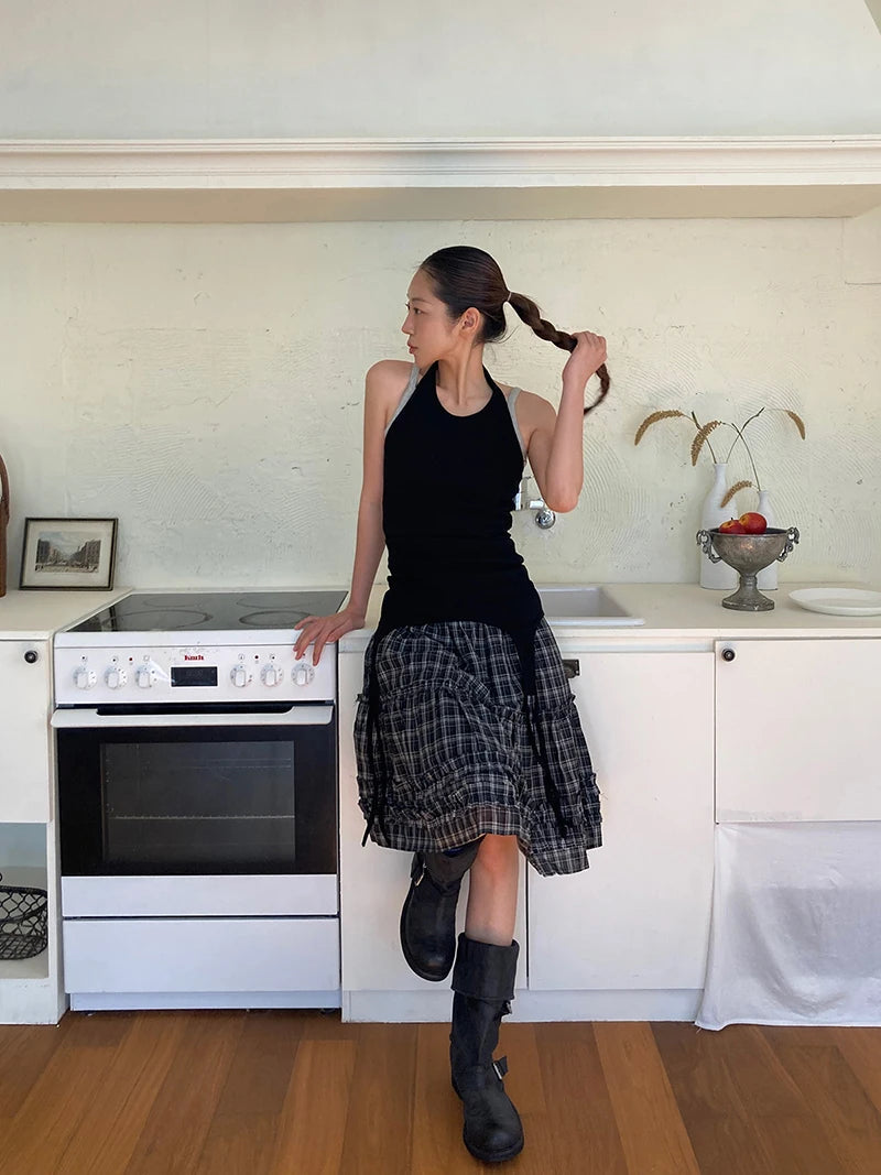 Aiertu  -  Vintage Plaid Mini Skirt Women Japanese Harajuku Ruffles Patchwork Black Skirts Summer High Waist Casual A Line Faldas New Aiertu