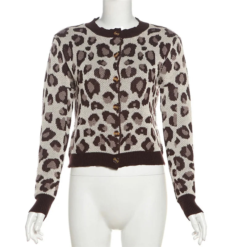 Aiertu  -  Fashion Leopard Printed Sweater Cardigan Autumn Long Sleeve O Neck Single-breasted Knit Tops Vintage Y2K Outerwears 가디건 Aiertu