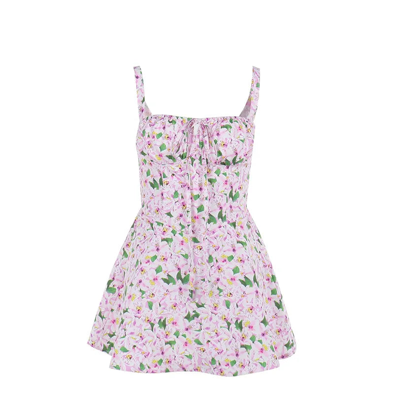 Aiertu  -  Pink Floral Printed Slip Dress Women Summer Sexy Sleeveless A-line High Waist Short Dresses Vacation Beach Sundress 2025 New Aiertu