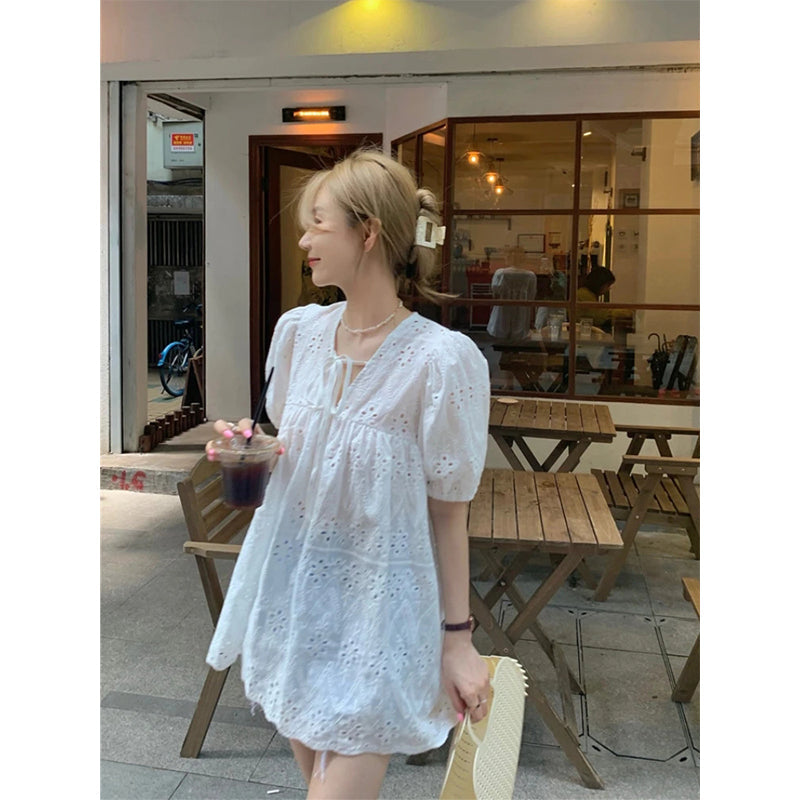 Aiertu Sweet White Blouses Women Elegant Hollow Out Lace Up Shirts Summer Streetwear Korean Puff Sleeve Baggy Casual Chic Tops Aiertu