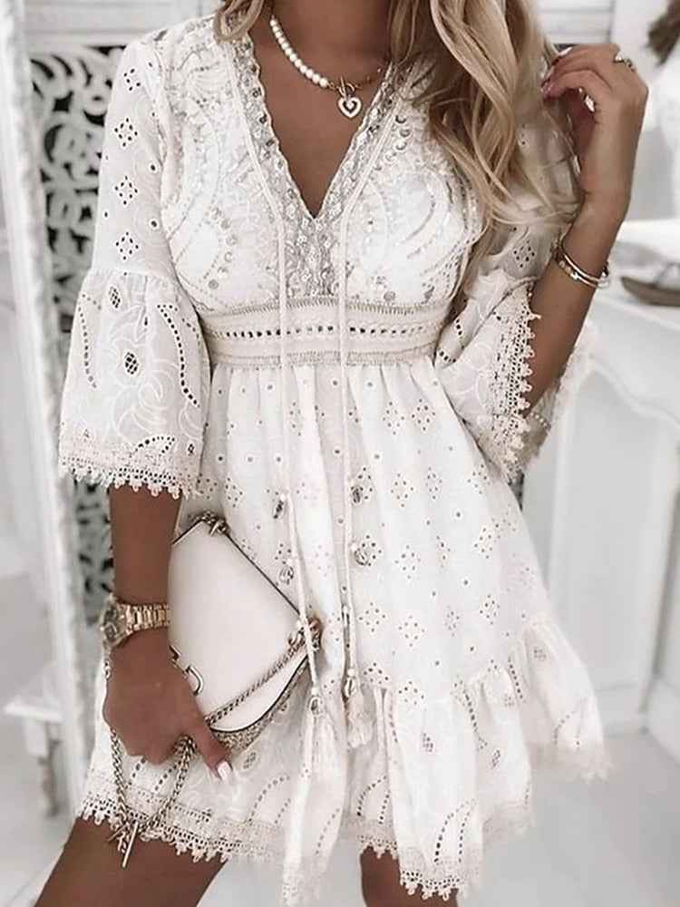 Aiertu  - Elegant Lace Mini Dress Women Three Quarter Sleeve Dress Female V Neck Patchwork Lace Up Dress Ladies Vacation Beach Dress Aiertu