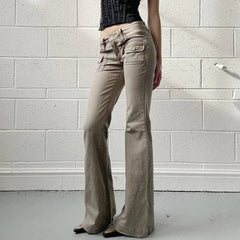 Aiertu  -  Y2K Flare Jeans with Pockets Women Stylish 2000s Vintage Khaki Slim Fit Denim Trousers Spring High Street Pants Lady Aiertu