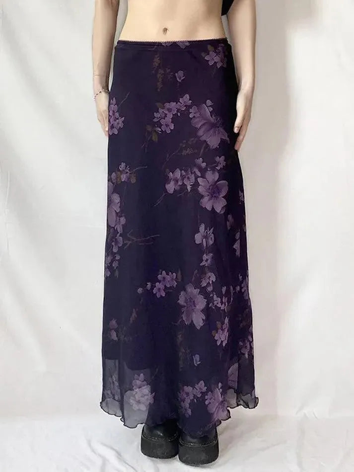 Aiertu  -Purple Floral Print Mesh Maxi Dress aiertu