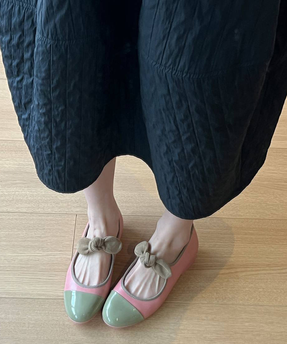 Aiertu  Boutique Bow Splicing Flat Feet Shoes Green Cowhide Leather Aiertu