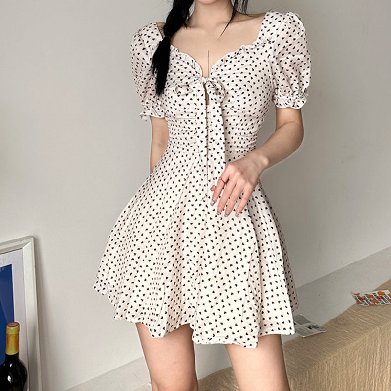Aiertu - Tie Strap Heart Puff Sleeve Mini Dress Aiertu