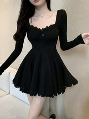 Aiertu Sexy Black Lace Dress Women  Bodycon Wrap Slim Party Mini Short Dresses Evening Fashion Long Sleeve Outfits Aiertu