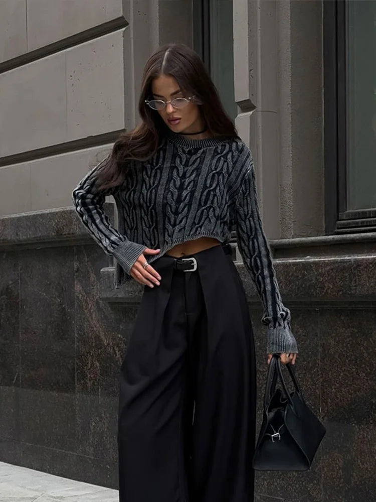 Aiertu  -  Fashion Cable Solid Irregular Hem Cropped Knitted Pullovers Women O-neck Long Sleeved Sweaters 2026 Autumn Female Warm Jumpers Aiertu