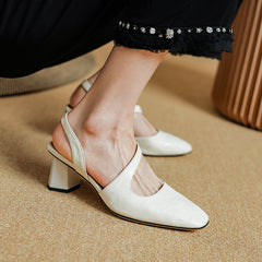 Aiertu  New Summer Women Sandals Genuine Leather Shoes for Women Square Toe Chunky Heel Shoes Simple Cover Toe Slingback Buckle Sandals Aiertu