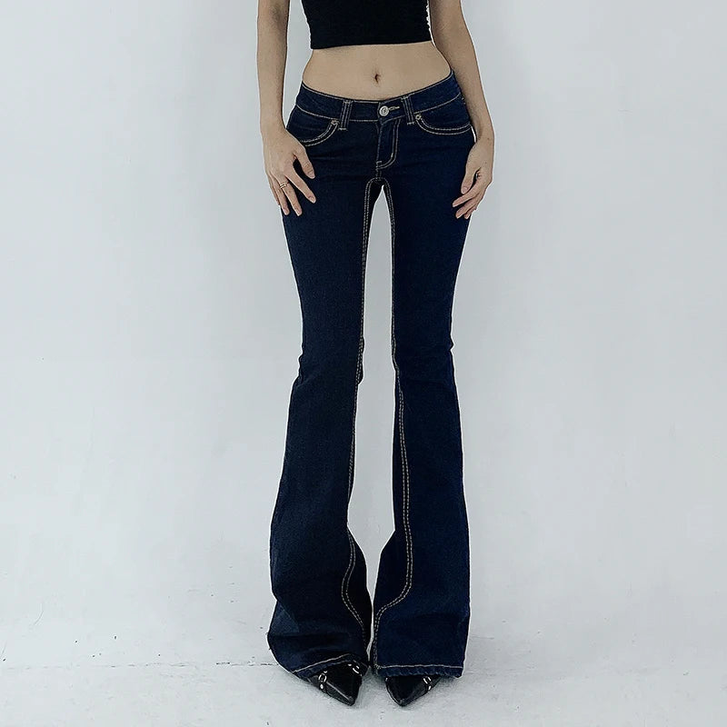 Aiertu  -  Vintage Dark Blue Y2K Flare Jeans Women Low Rise Skinny Denim Trousers Fashion Basic Boot Cut Pants Retro High Street Aiertu