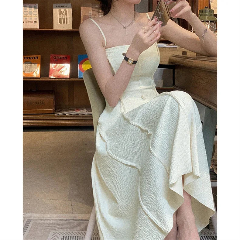 Aiertu  -  Vintage White Spaghetti Strap Casual Chiffon Midi Dress Summer Sleeveless Elegant Party Vestidos Fashion Robe Clothes for Women Aiertu