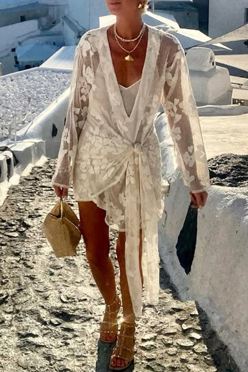 Aiertu  -Sexy Vacation Flowers Lace Lace Up Swimwears Cover Up aiertu